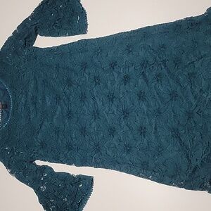 Blue/green Floral Lace Whimsigoth Dress With Blousy Lace Seeves